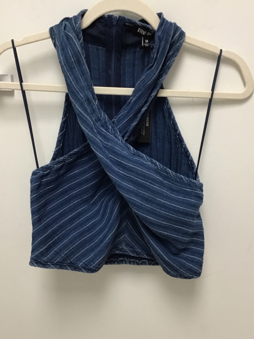 Steve Madden Navy Blue Striped Crisscross Halter Crop Winnie Top